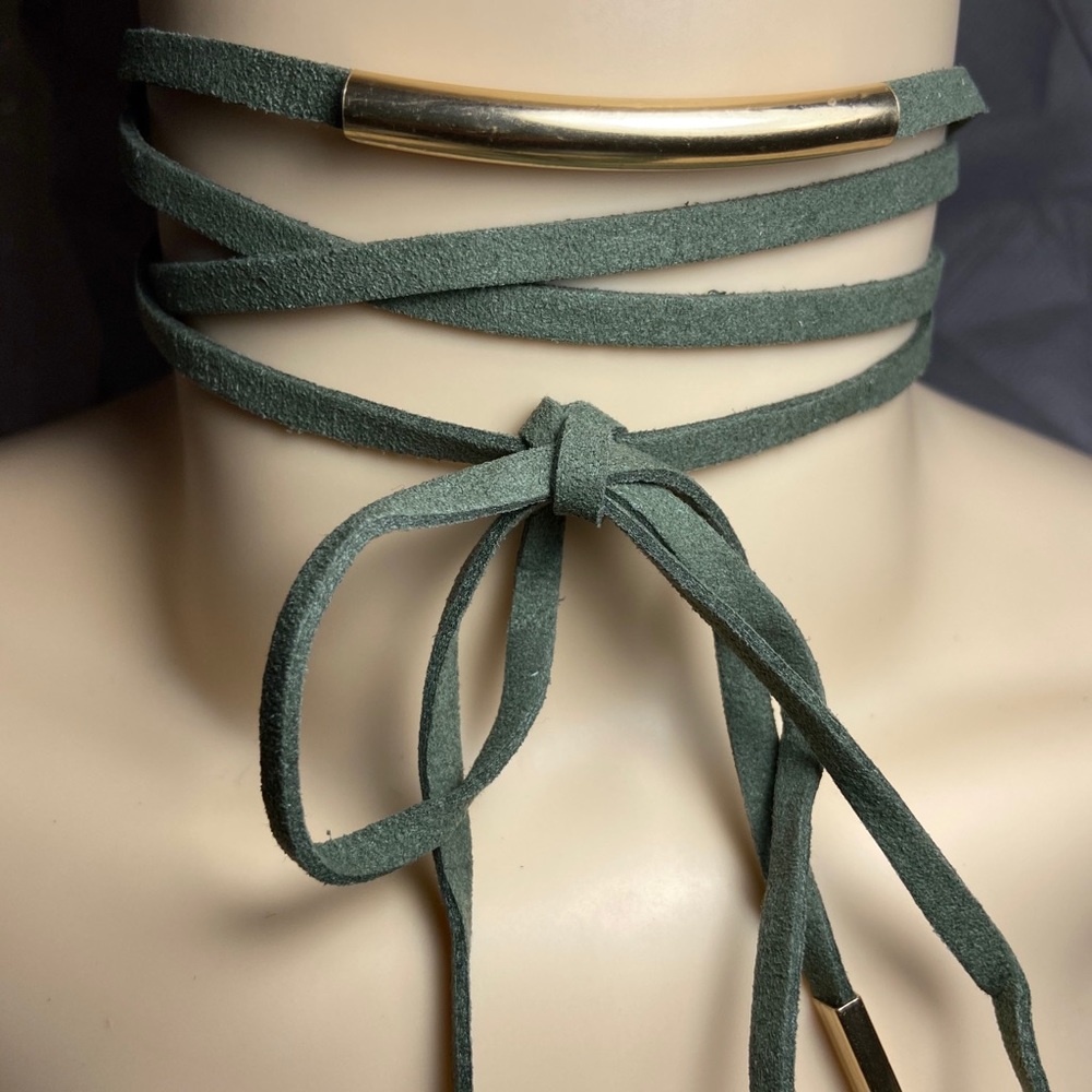 Olive Green Gold Wrap Bow Tie Choker Necklace